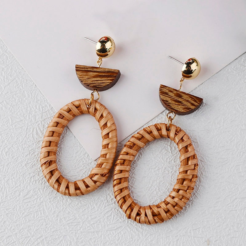 Handmade Rattan Wooden Drop Earrings - Top Boho