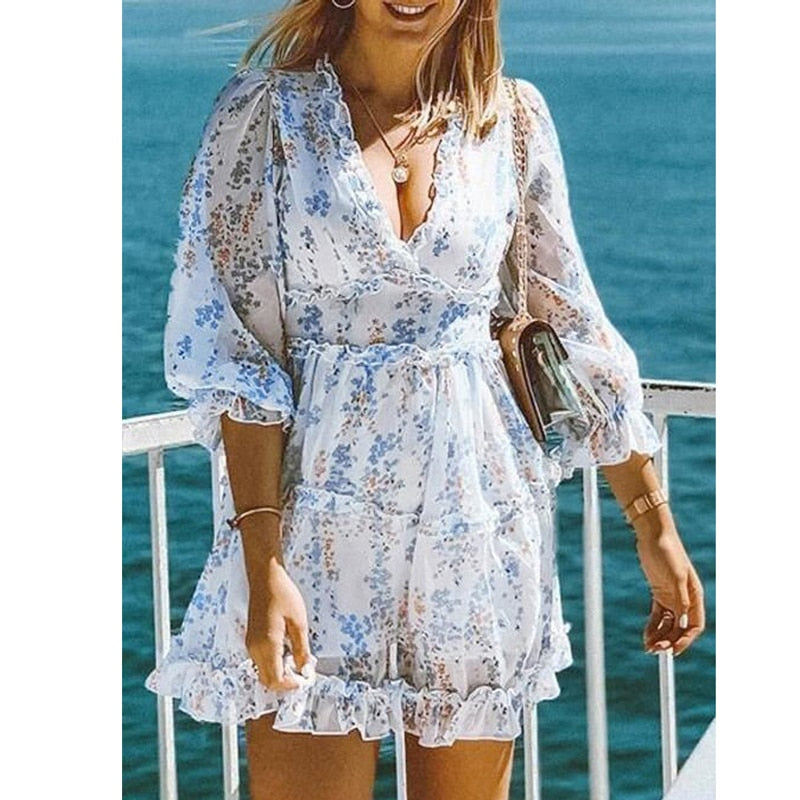 Boho Floral Ruffle Backless Dress - Top Boho