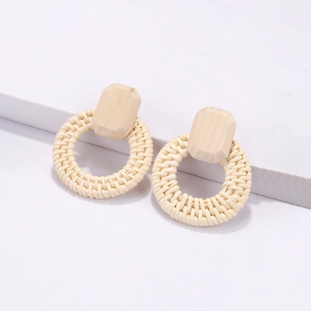 Handmade Rattan Wooden Drop Earrings - Top Boho
