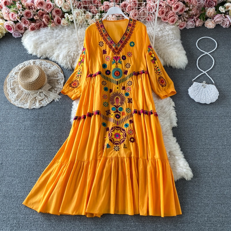 Boho Chic Floral Embroidery Maxi Dress - Top Boho