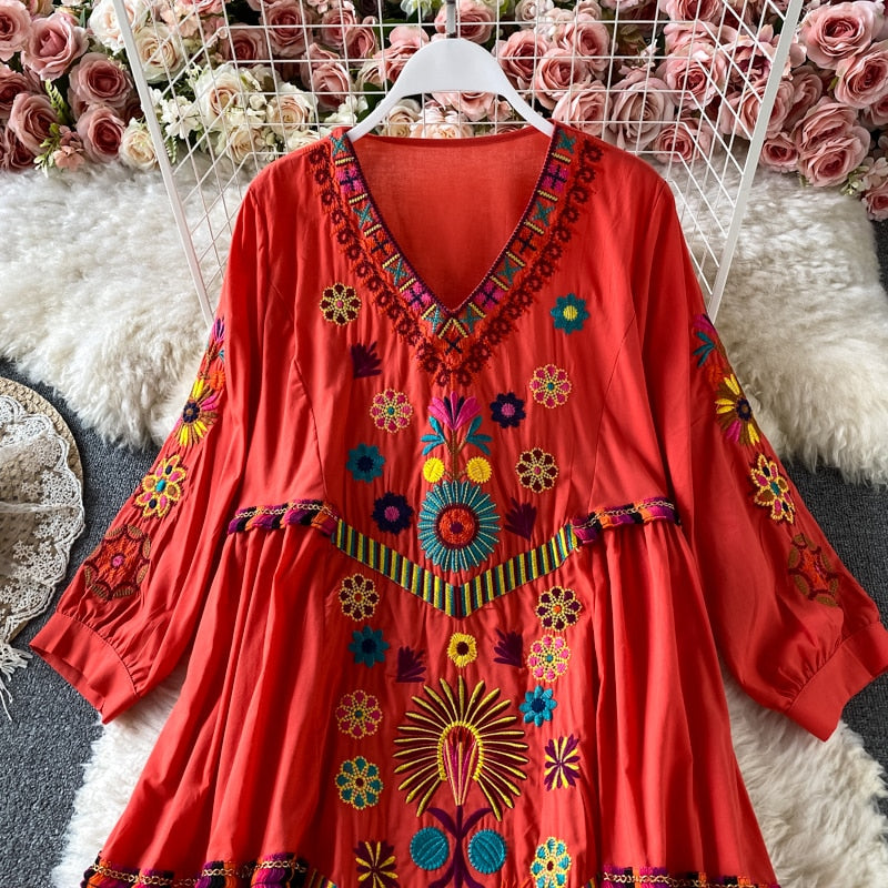 Boho Chic Floral Embroidery Maxi Dress - Top Boho