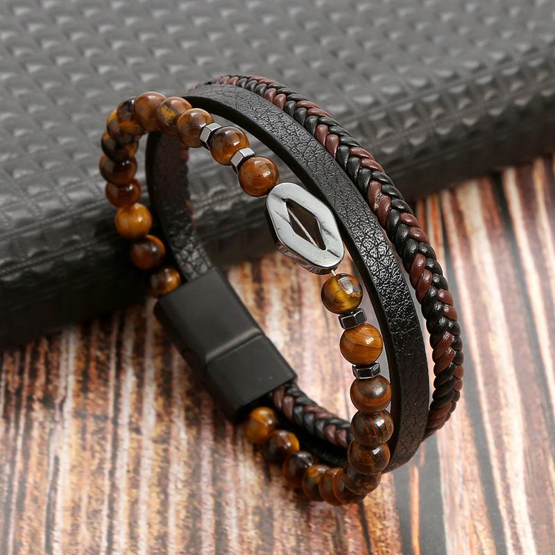 Leather And Tiger Eye Beaded Bracelet