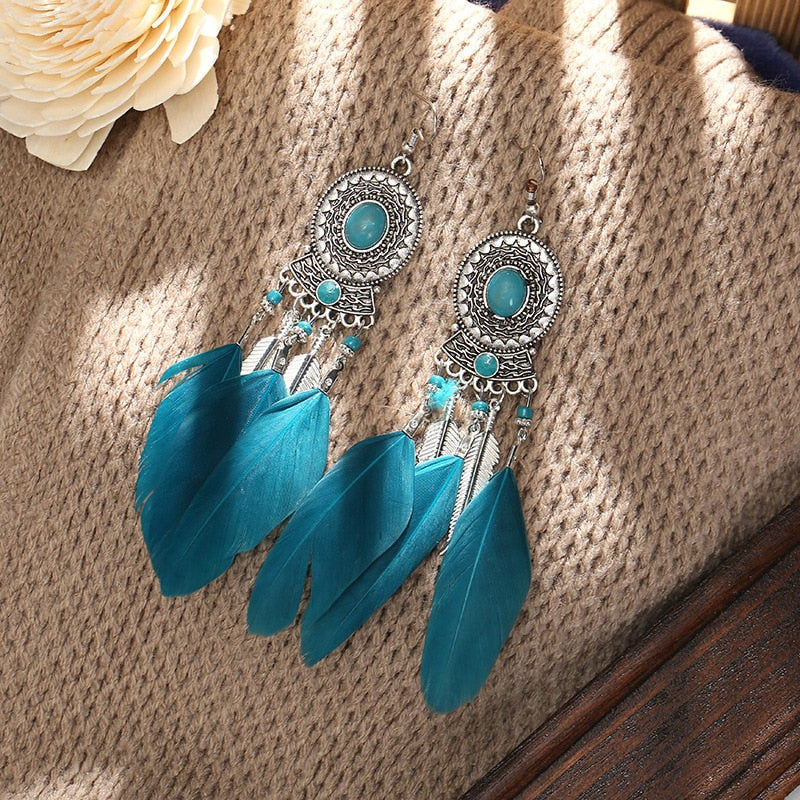 Bohemian Long Feather Dangle Earrings - Top Boho