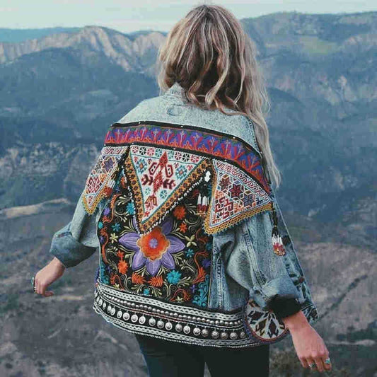 Boho Denim Floral Jacket - Top Boho