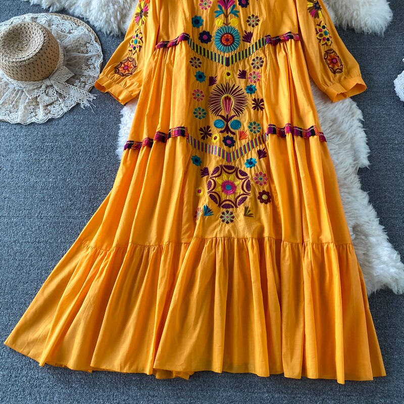 Boho Chic Floral Embroidery Maxi Dress - Top Boho