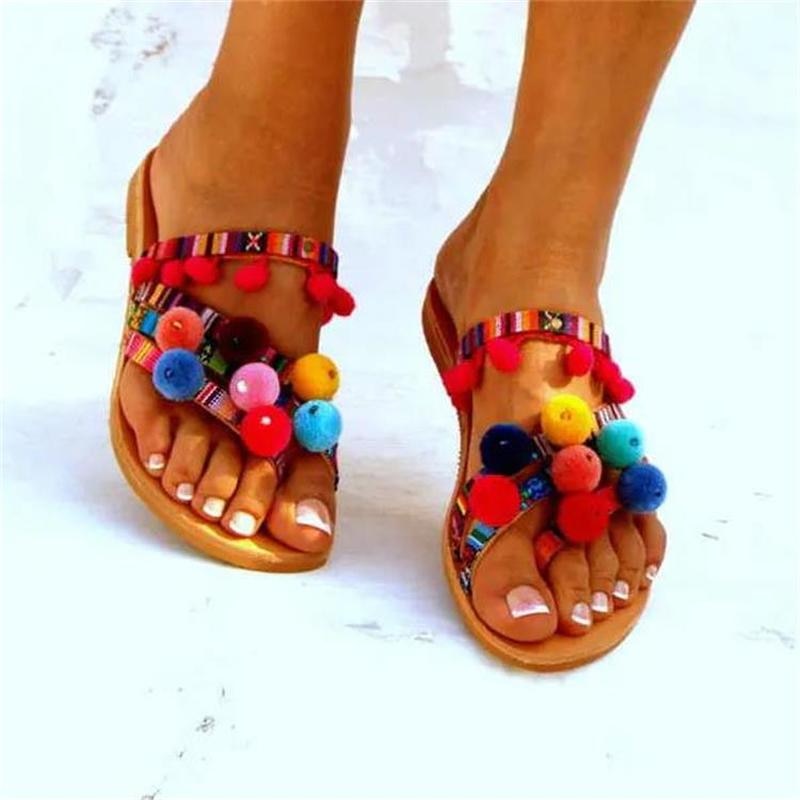 Boho Multi-color Pom Pom Sandals - Top Boho
