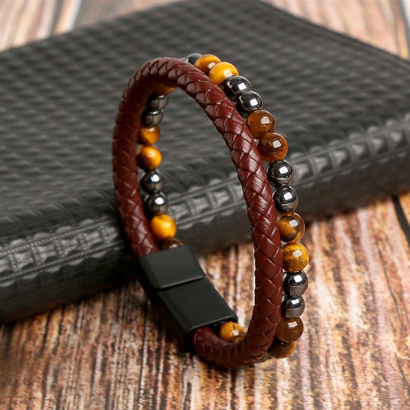 Leather And Tiger Eye Beaded Bracelet