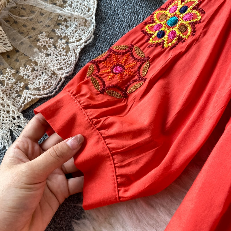 Boho Chic Floral Embroidery Maxi Dress - Top Boho