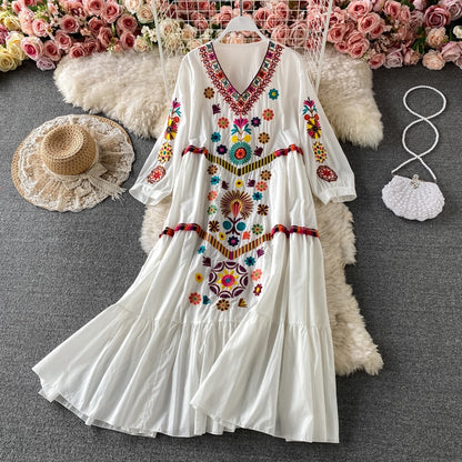 Boho Chic Floral Embroidery Maxi Dress - Top Boho