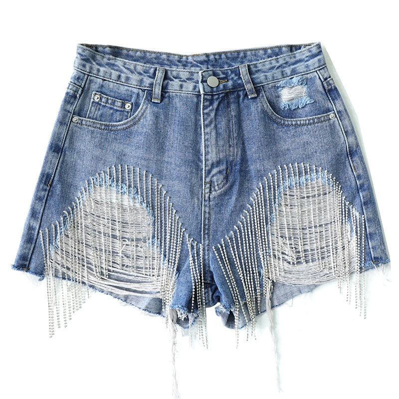 Cut-out Denim Shorts with Tassels - Top Boho