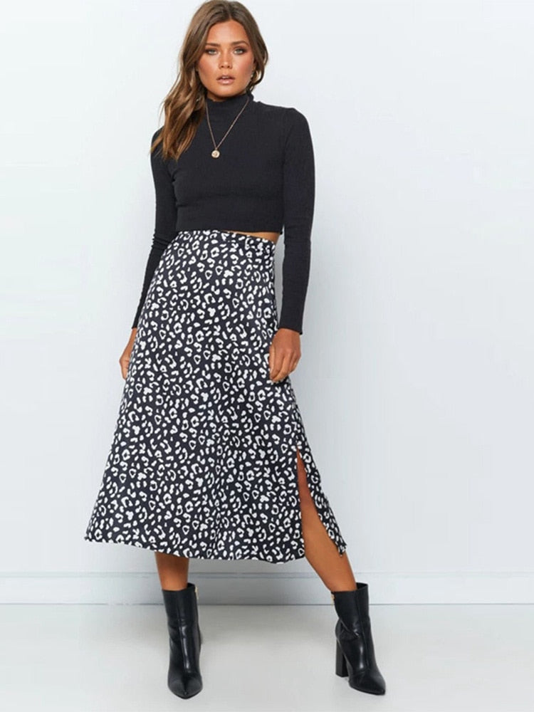 Leopard Print Chiffon Split Skirt