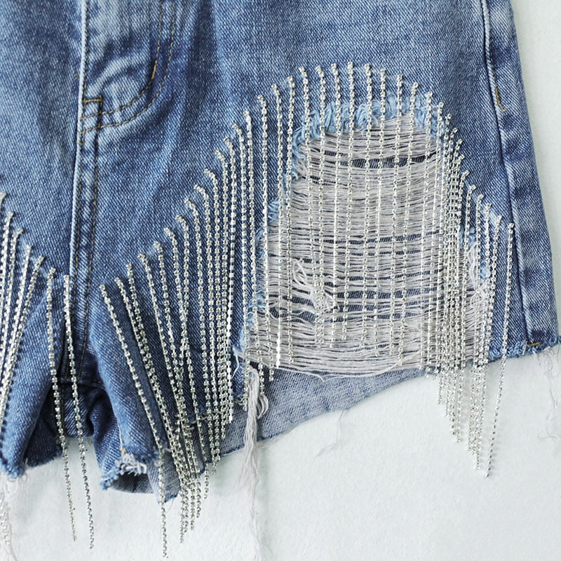 Cut-out Denim Shorts with Tassels