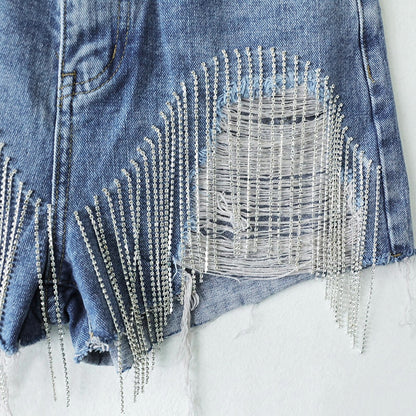 Cut-out Denim Shorts with Tassels - Top Boho