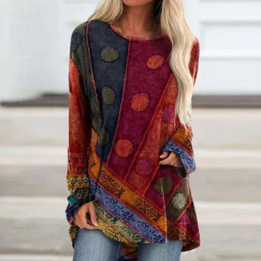 Patchwork Long Sleeve Sweater - Top Boho