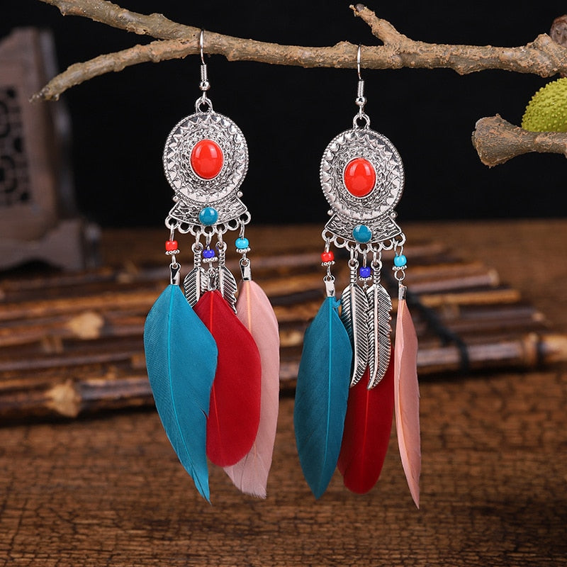 Bohemian Long Feather Dangle Earrings - Top Boho