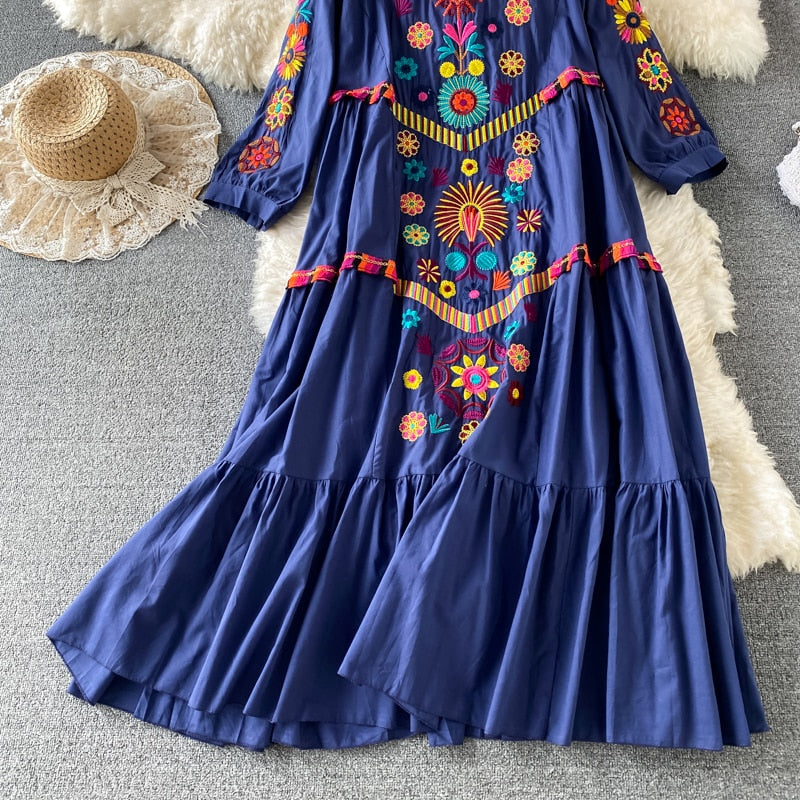 Boho Chic Floral Embroidery Maxi Dress - Top Boho