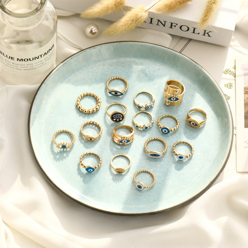 Boho Blue & Gold Evil Eye Ring - Top Boho