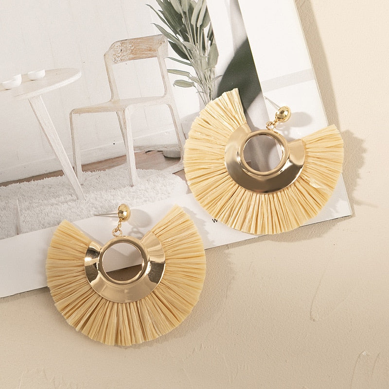 Boho Rattan With Raffia Tassel Pendant Earrings - Top Boho