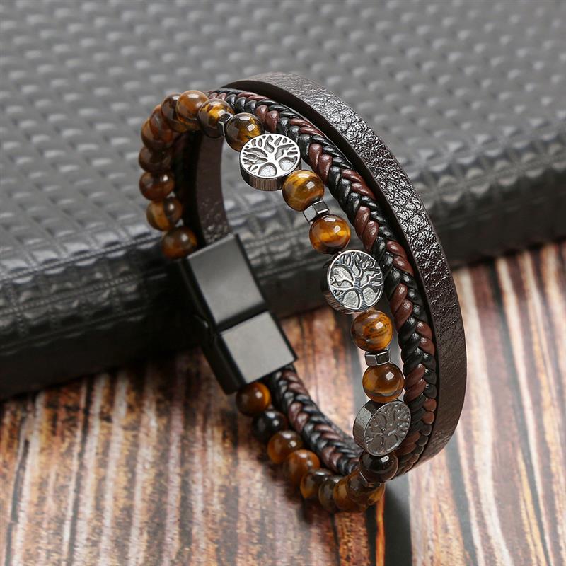 Leather And Tiger Eye Beaded Bracelet