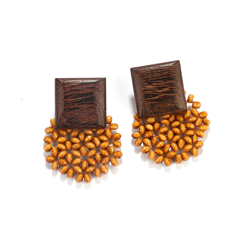 Handmade Rattan Wooden Drop Earrings - Top Boho