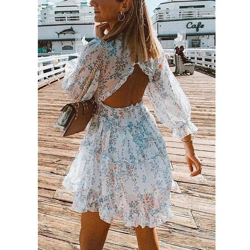 Boho Floral Ruffle Backless Dress - Top Boho