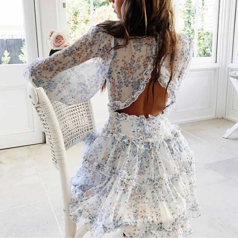Boho Floral Ruffle Backless Dress - Top Boho