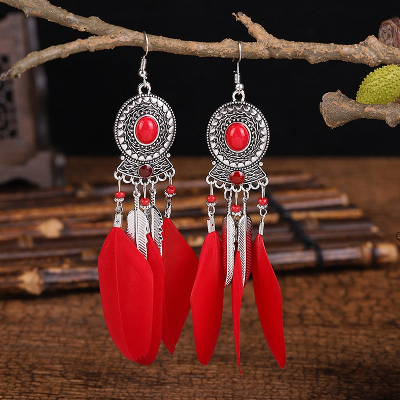 Bohemian Long Feather Dangle Earrings - Top Boho