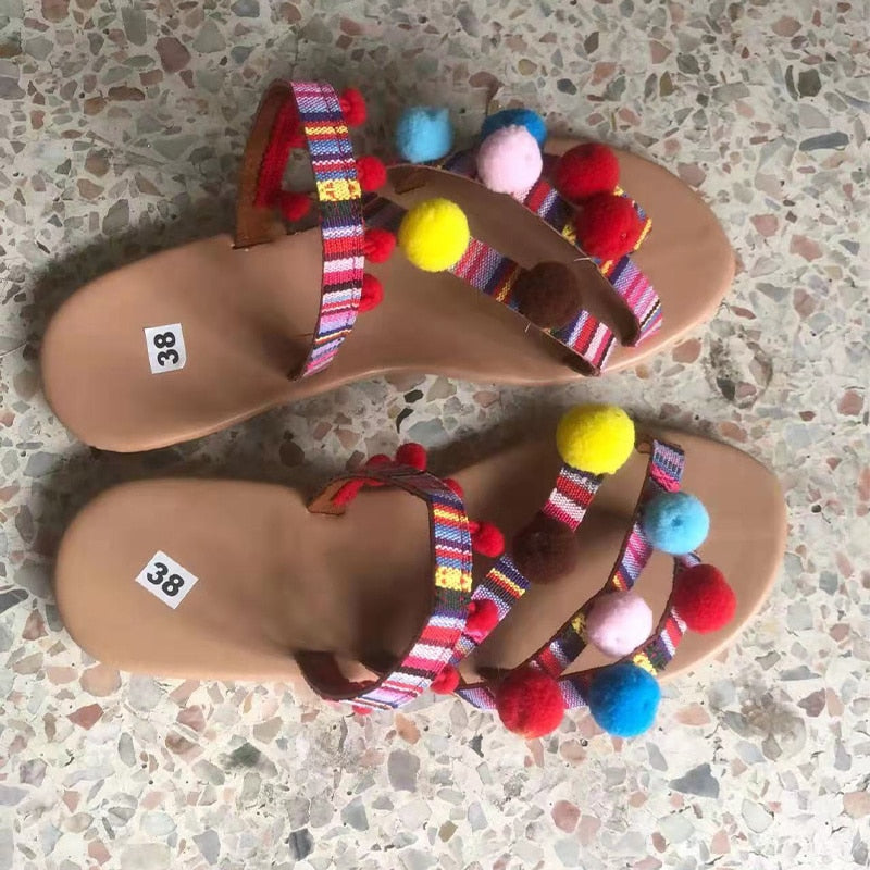Boho Multi-color Pom Pom Sandals - Top Boho