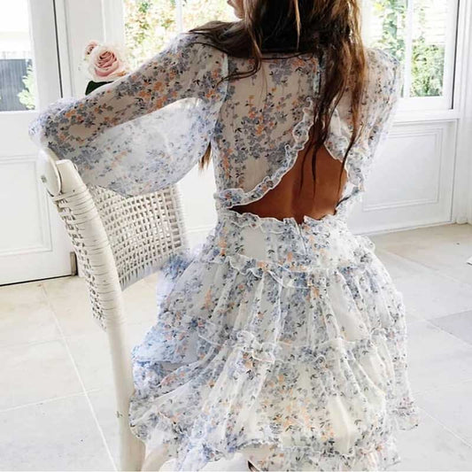 Boho Floral Ruffle Backless Dress - Top Boho