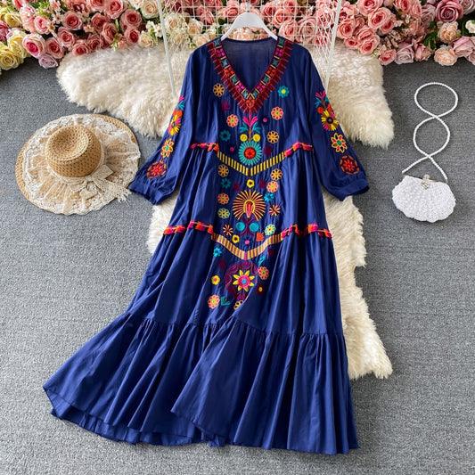 Boho Chic Floral Embroidery Maxi Dress - Top Boho