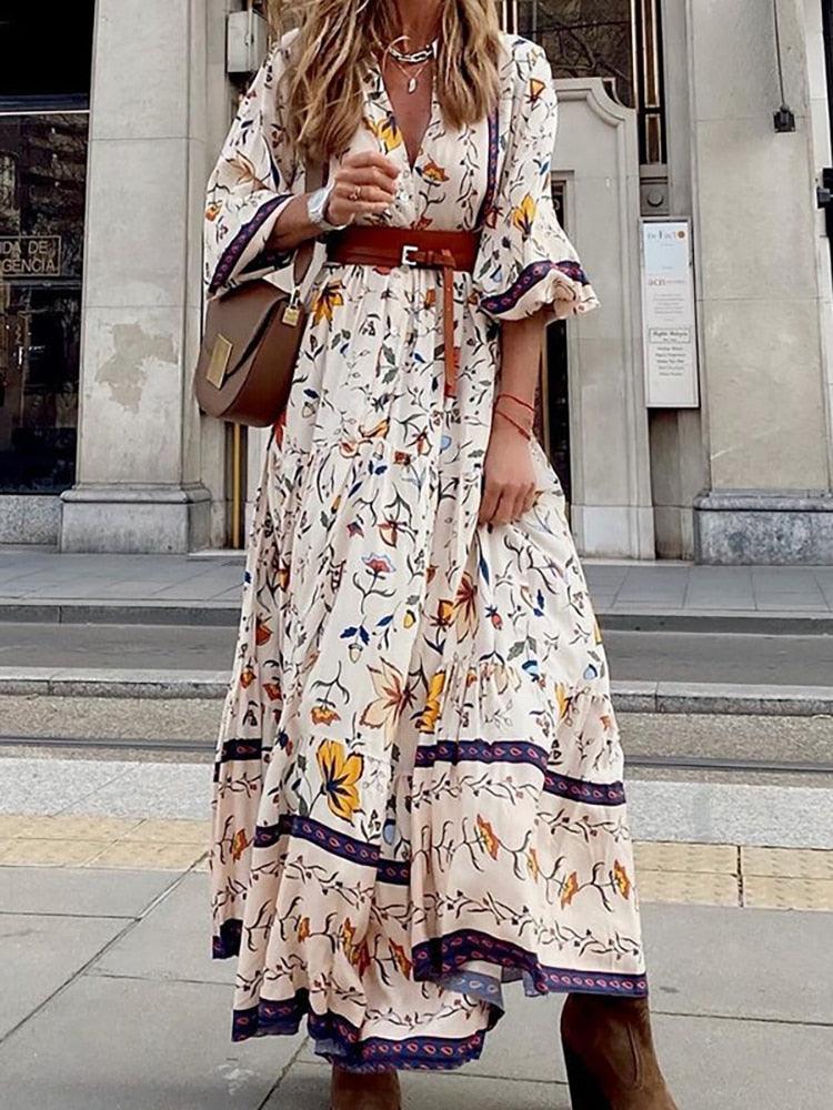 Vintage Bohemian Print Loose Dress - Top Boho