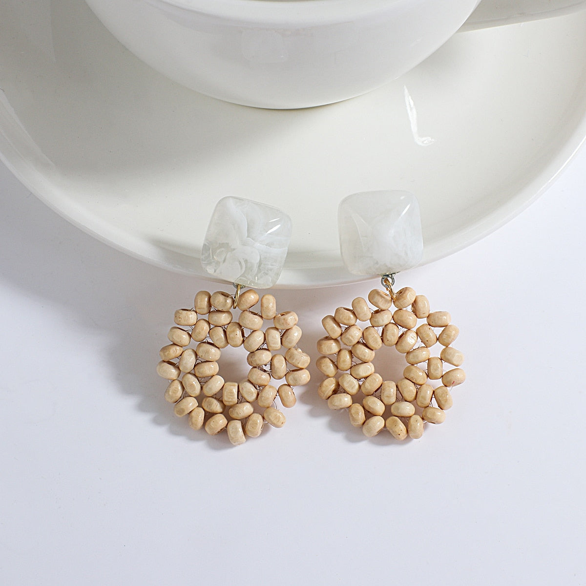 Handmade Rattan Wooden Drop Earrings - Top Boho