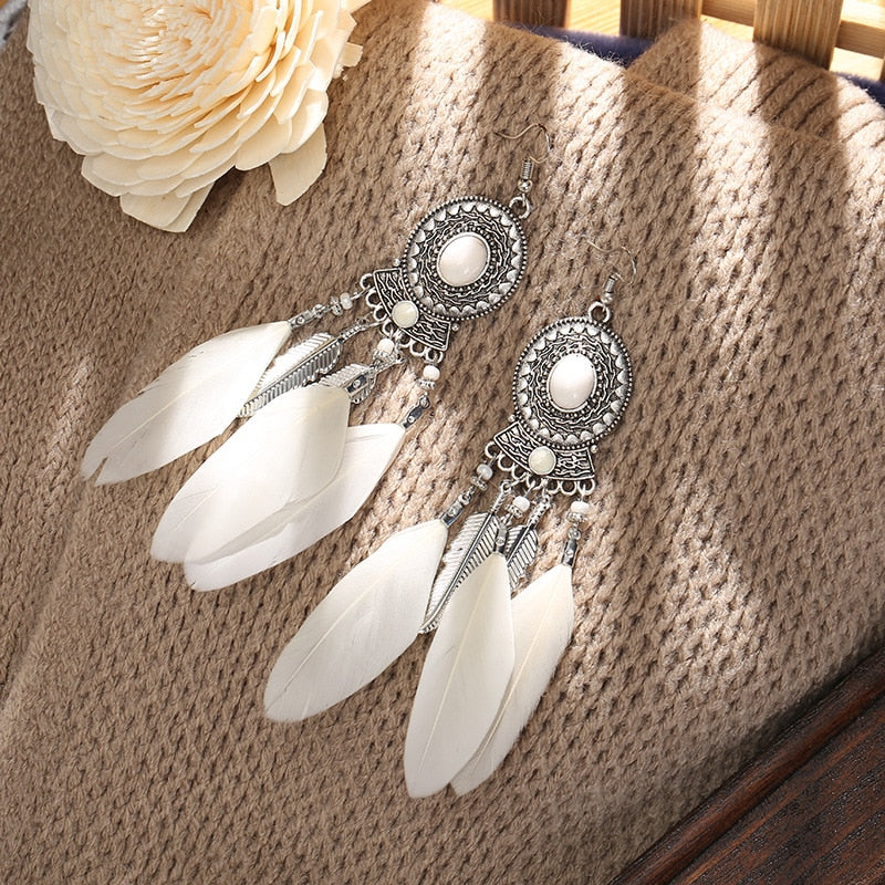 Bohemian Long Feather Dangle Earrings - Top Boho