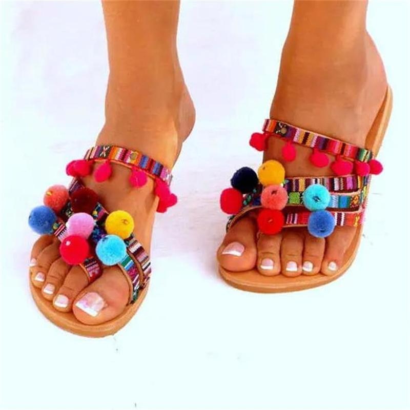 Boho Multi-color Pom Pom Sandals - Top Boho