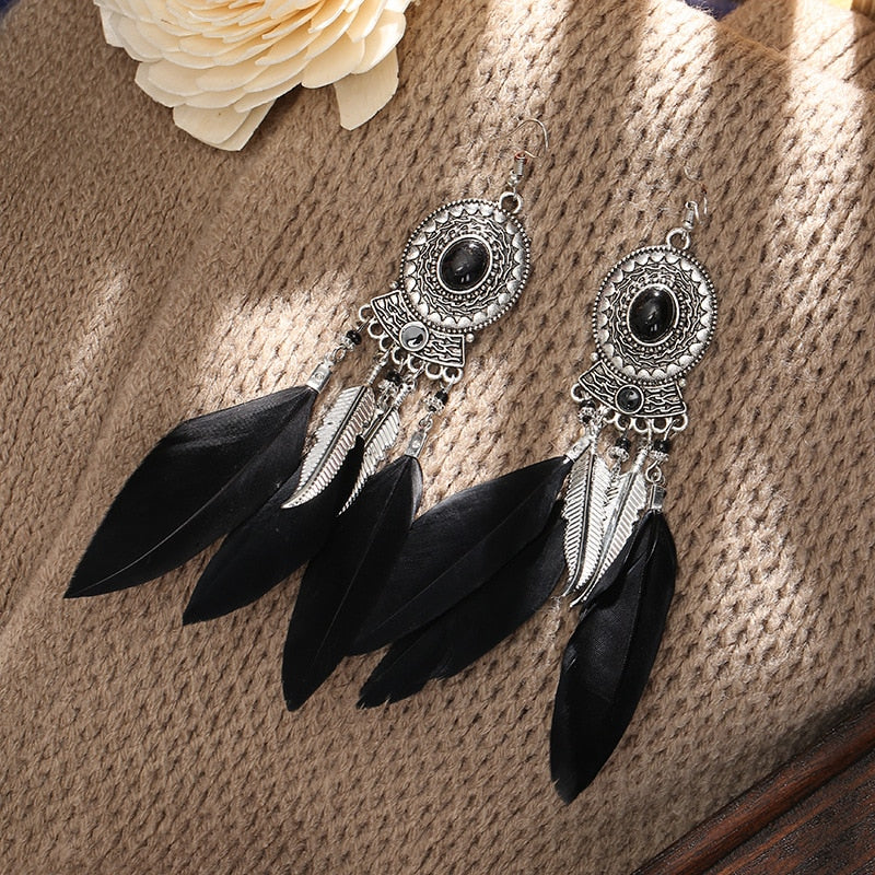 Bohemian Long Feather Dangle Earrings - Top Boho