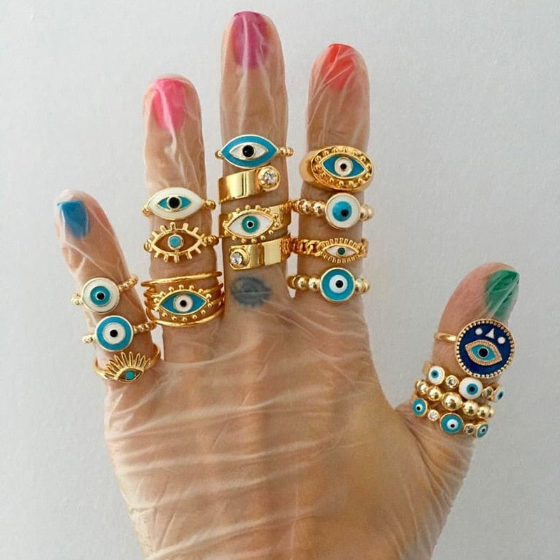 Boho Blue & Gold Evil Eye Ring - Top Boho