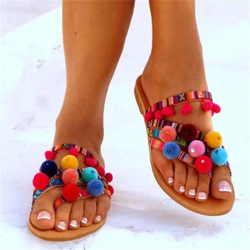Boho Multi-color Pom Pom Sandals - Top Boho