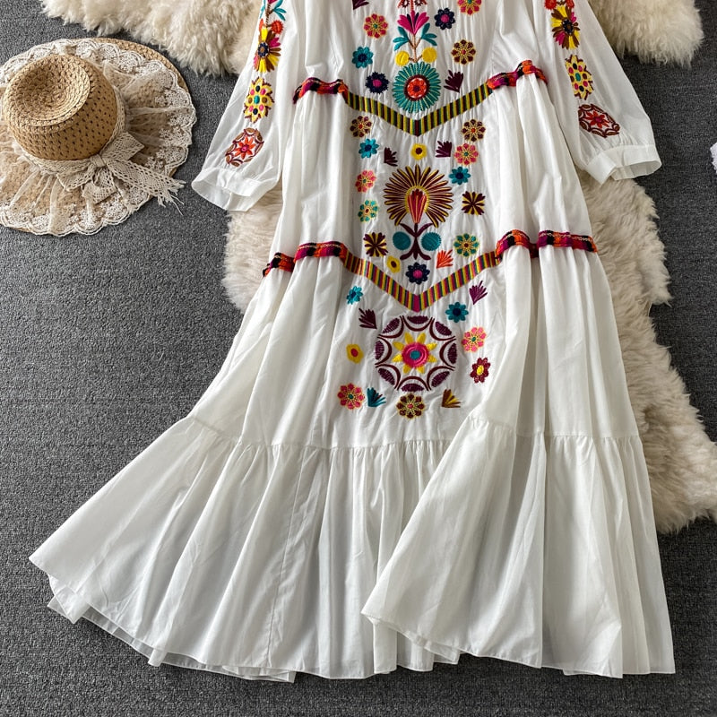 Boho Chic Floral Embroidery Maxi Dress - Top Boho
