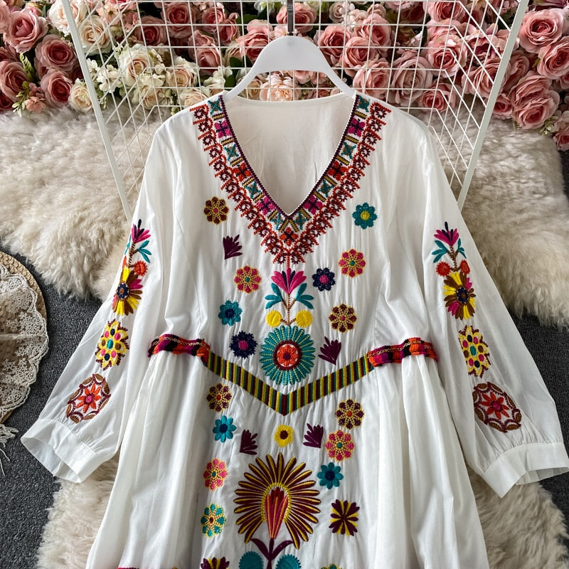 Boho Chic Floral Embroidery Maxi Dress - Top Boho