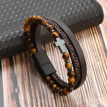 Leather And Tiger Eye Beaded Bracelet