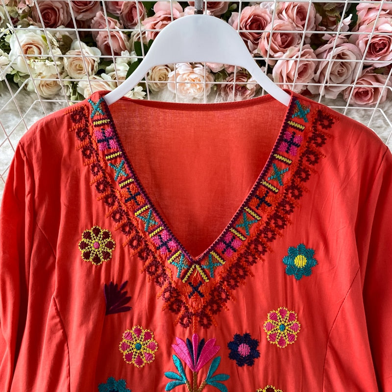 Boho Chic Floral Embroidery Maxi Dress - Top Boho